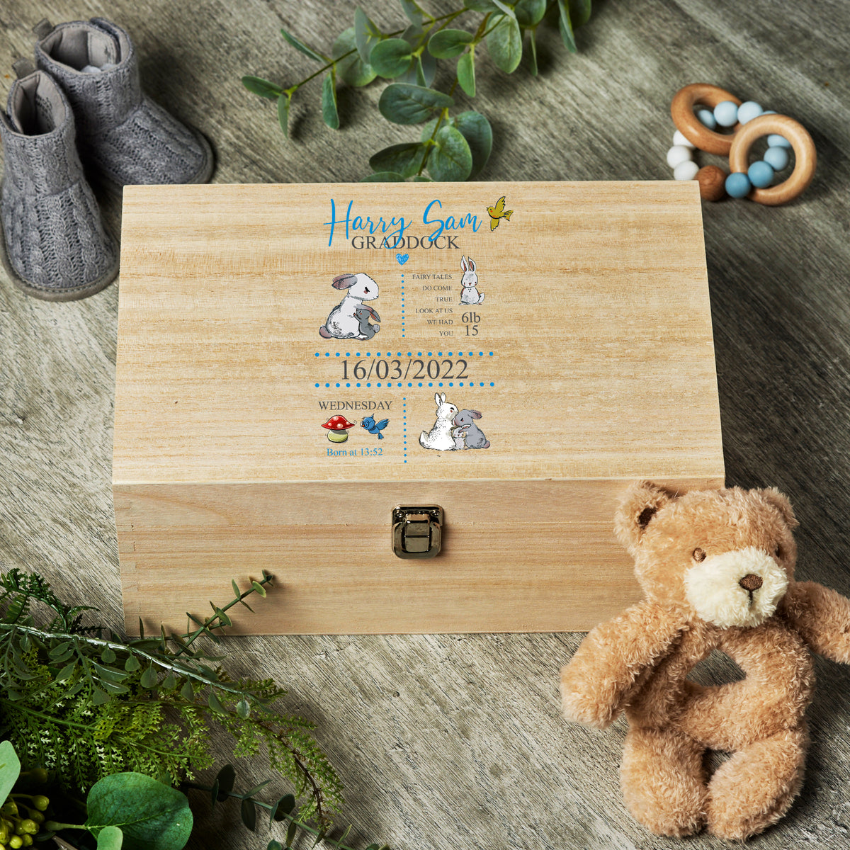 Personalised Large Baby Boy Wooden Keepsake Box Memories With Rabbits