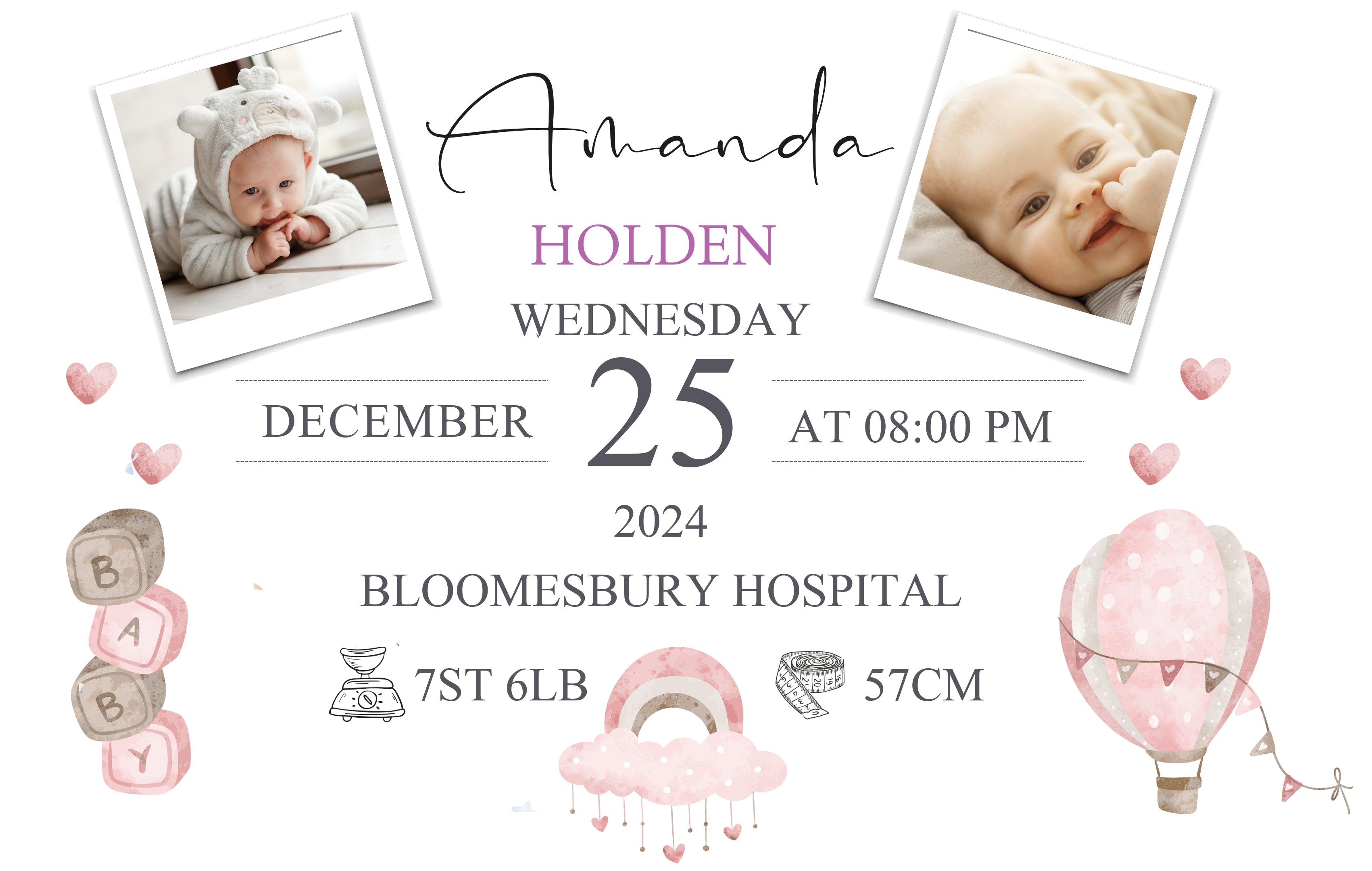 Personalised Wooden Baby Girl Memory Keepsake Box With Photos and Birth Details