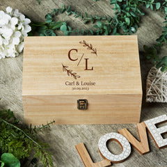 Personalised Large Wedding Leaf Initials Wooden Memories Keepsake Box