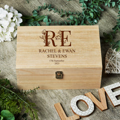 Personalised Large Wedding Floral Initials Wooden Memories Keepsake Box