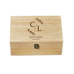 Personalised Large Wedding Leaf Initials Wooden Memories Keepsake Box