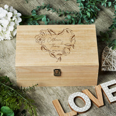 Personalised Large Wedding Heart Wreath Design Wooden Memories Keepsake Box