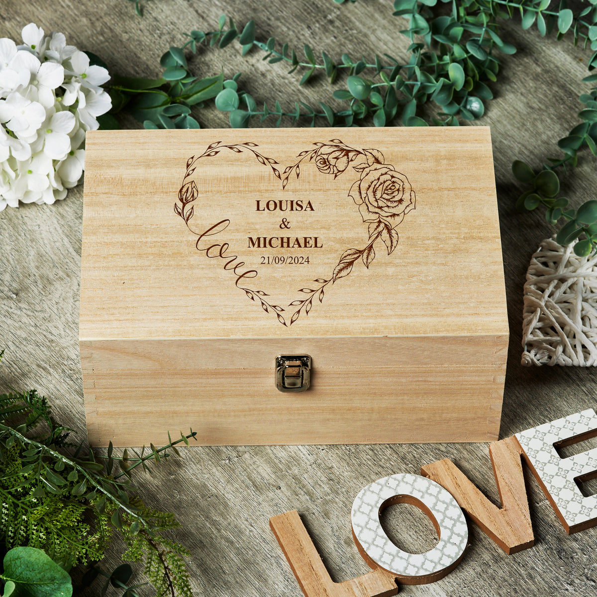 Personalised Large Wedding Love Heart Design Wooden Memories Keepsake Box