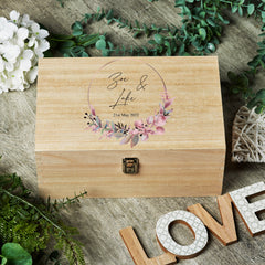 Personalised Large Wedding Wooden Memories Keepsake Box Floral Wreath