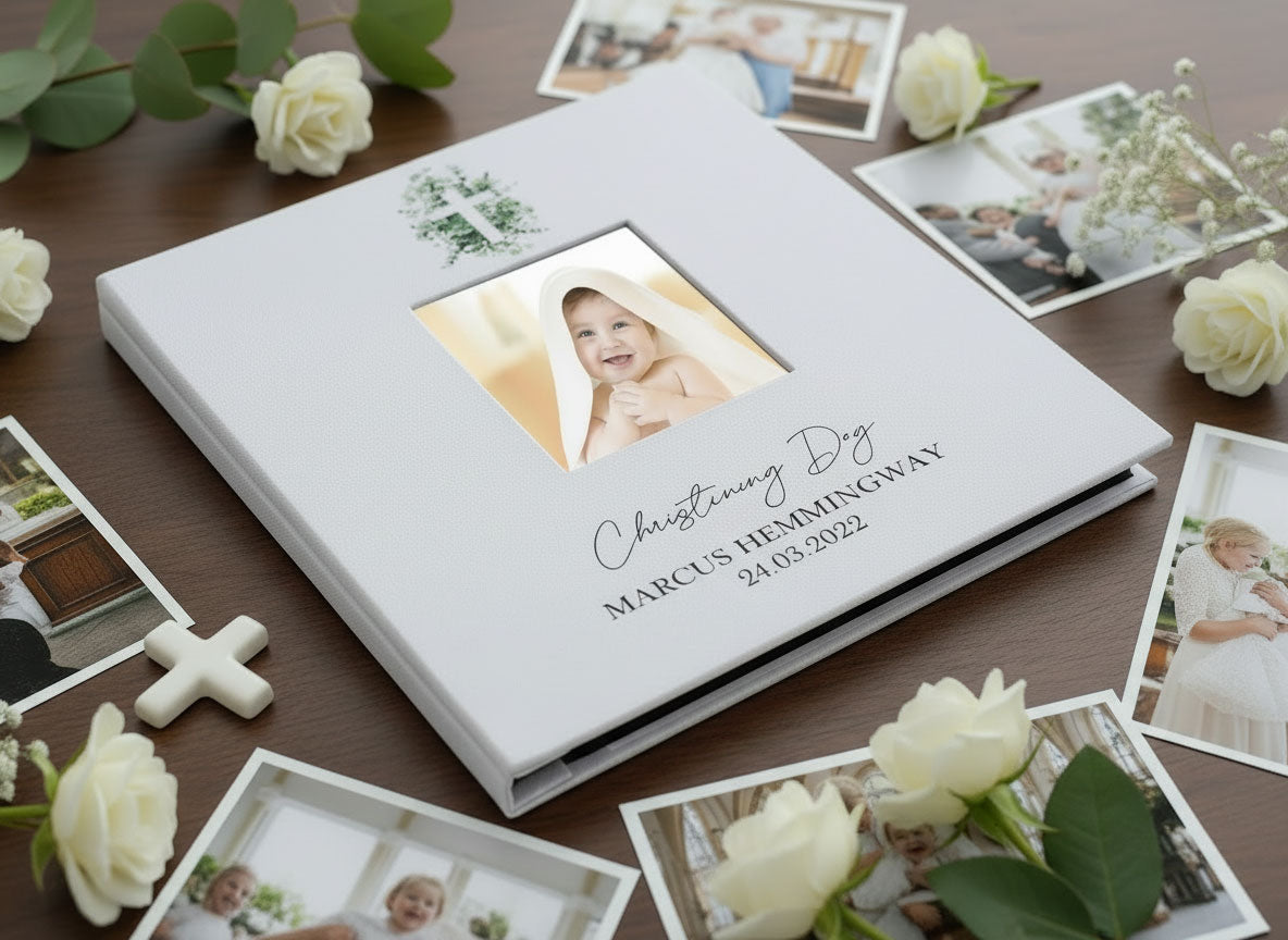 Personalised Large Christening Day Photo Album Linen Self Hardcover personalised photo album ukgiftstoreonline