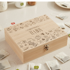 Personalised Tea Box Engraved With Tea Bag Holder With Pot and cups Tea Box Raised Words