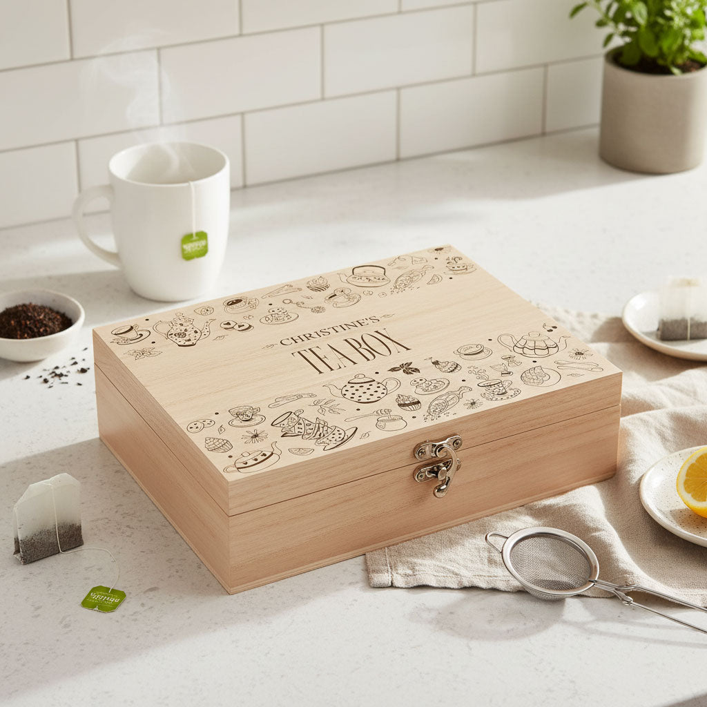 Personalised Tea Box Engraved With Tea Bag Holder With Pot and cups Tea Box Raised Words