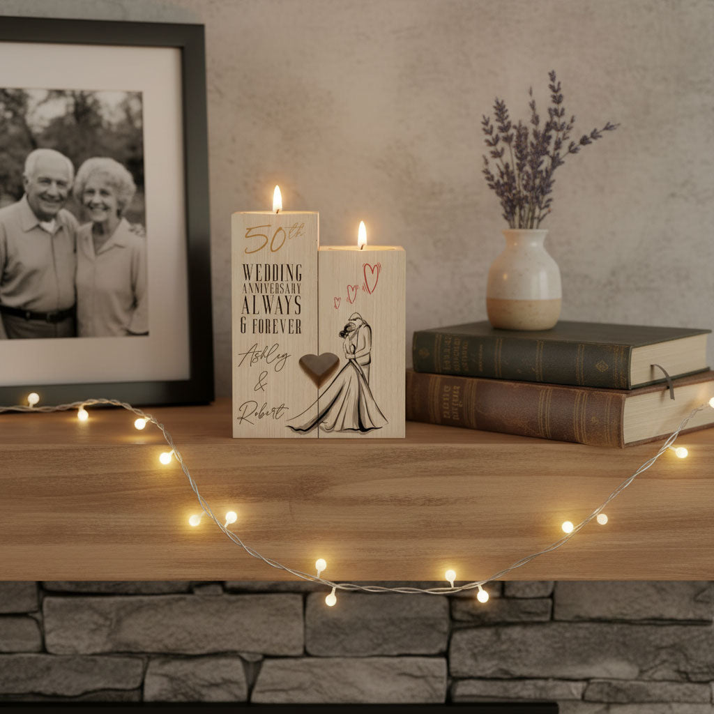 Personalised 50th Anniversary Double Tea Light Candle Holder With Couple Tea Light Holder ukgiftstoreonline