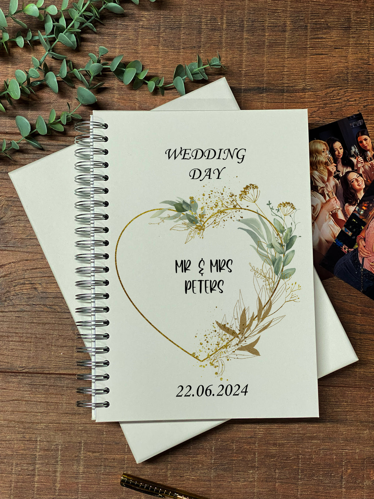 Large A4 Wedding Album Scrapbook Guest Book Boxed Gold Green Leaf Heart