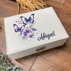 Personalised Large Jewellery Box Gift Purple Butterfly Design