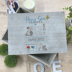 Personalised Large Vintage Baby Boy Keepsake Box With Rabbits