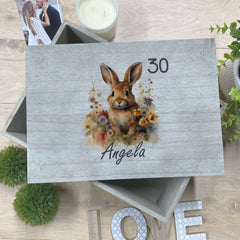 Personalised Any Age Large Vintage Birthday Keepsake Box Gift With Rabbit
