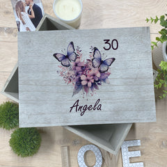 Personalised Any Age Large Vintage Birthday Keepsake Box Gift With Butterflies