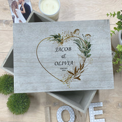 Personalised Large Vintage Wedding or Anniversary Keepsake Box Gold Leaf Heart Wreath