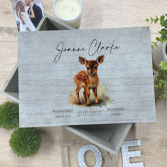 Personalised Large Vintage Baby Keepsake Box With Fawn and Birth Details