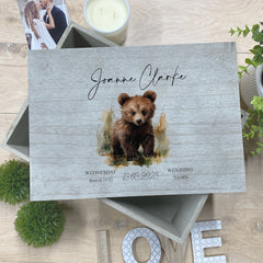 Personalised Large Vintage Baby Keepsake Box With Bear and Birth Details