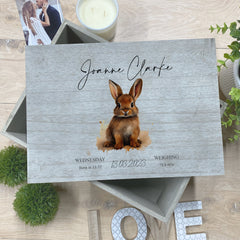 Personalised Large Vintage Baby Keepsake Box With Hare and Birth Details
