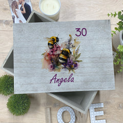 Personalised Any Age Large Vintage Birthday Keepsake Box Gift With Bumble Bees