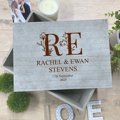 Personalised Large Wedding or Anniversary Floral Initials Crate Keepsake Box Gift