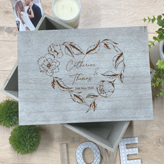 Personalised Large Wedding or Anniversary Floral Heart Crate Keepsake Box Gift