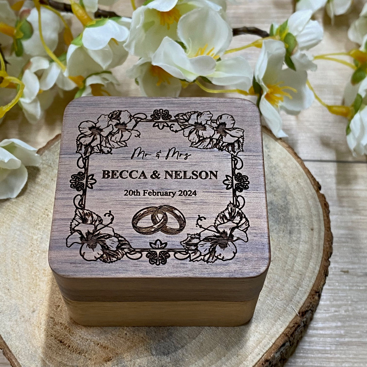 Personalised Wedding Ring Box Holder for 2 Rings With Flowers
