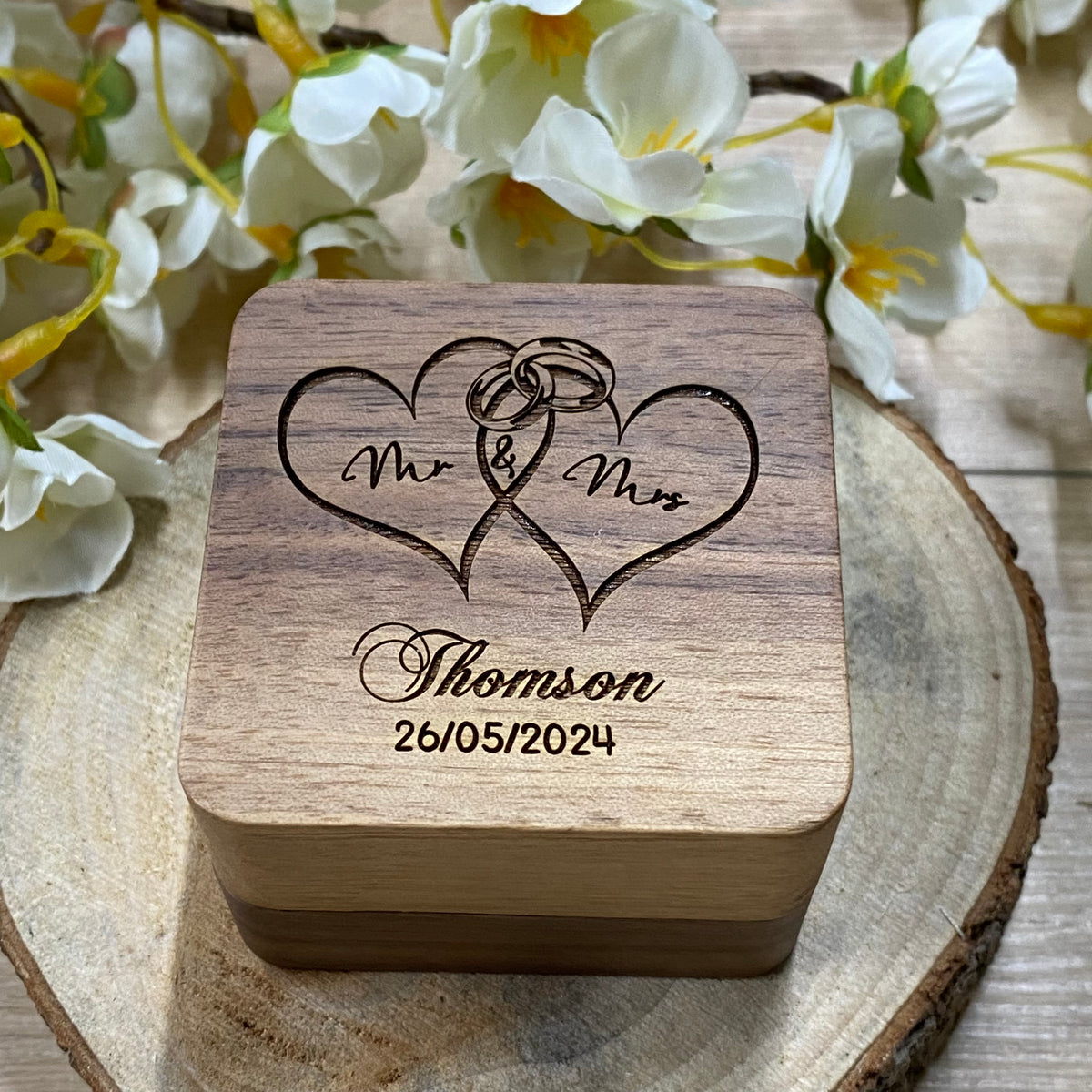 Personalised Wedding Ring Box Holder for 2 Rings With Heart Design
