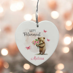 Personalised Retirement Gift Ceramic Heart Decoration With Cute Bear