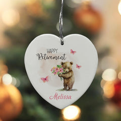 Personalised Retirement Gift Ceramic Heart Decoration With Cute Bear