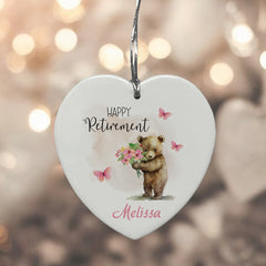 Personalised Retirement Gift Ceramic Heart Decoration With Cute Bear