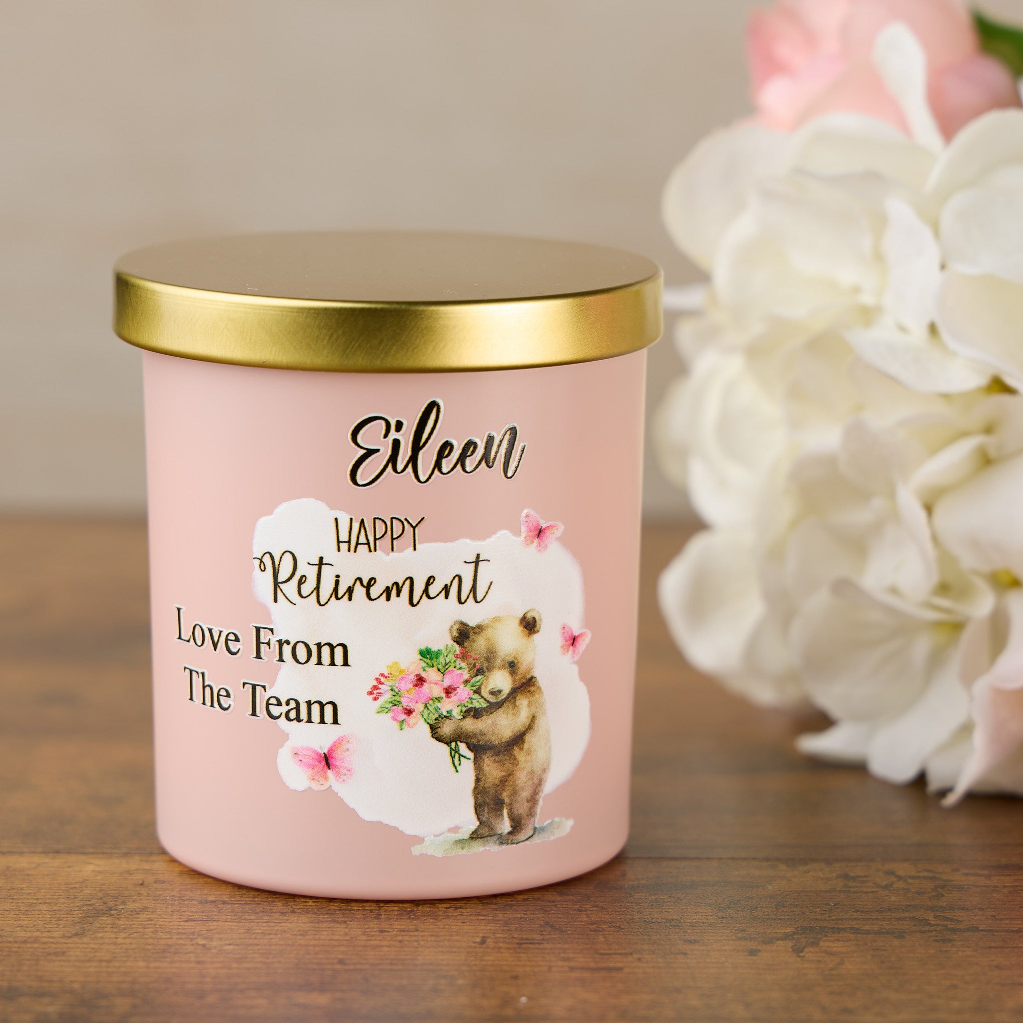 Pink Retirement Candle Gift With Bear and Butterflies