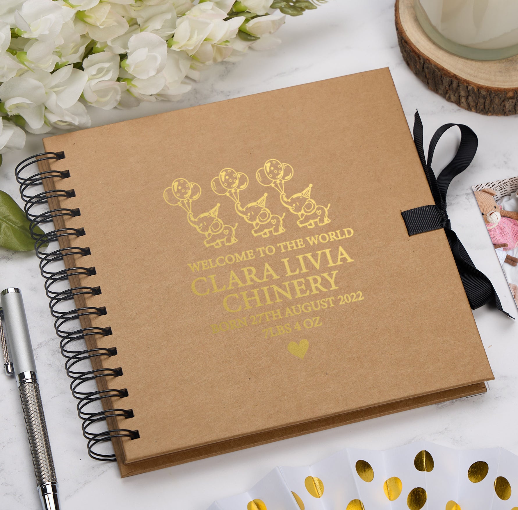Personalised Baby Record Book, Multiple Colour Scrapbook or Photo Album With Elephants