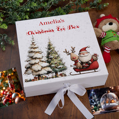 Personalised White Christmas Eve Gift Box With Santa & Reindeer Special Christmas Keepsake Memory Storage