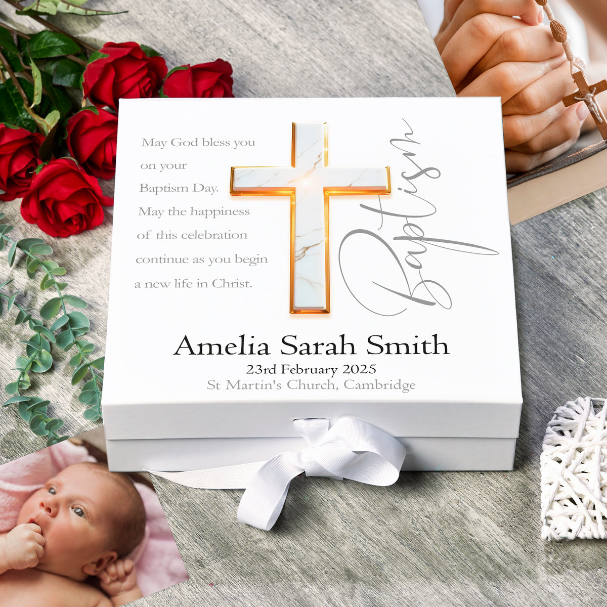 Personalised Baptism Keepsake Memory Box Gift With Marble Cross