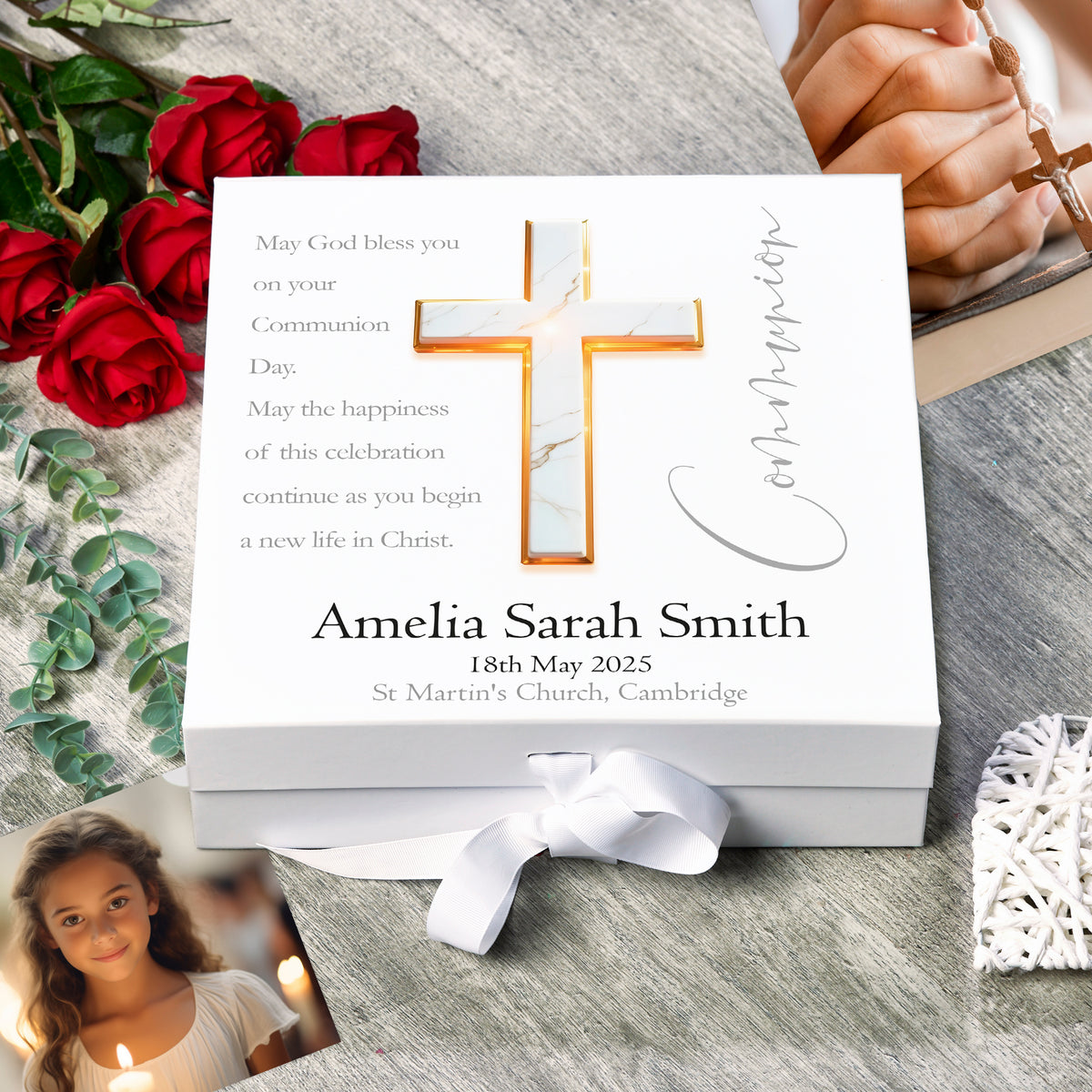 Personalised Communion Keepsake Memory Box Gift With Marble Cross