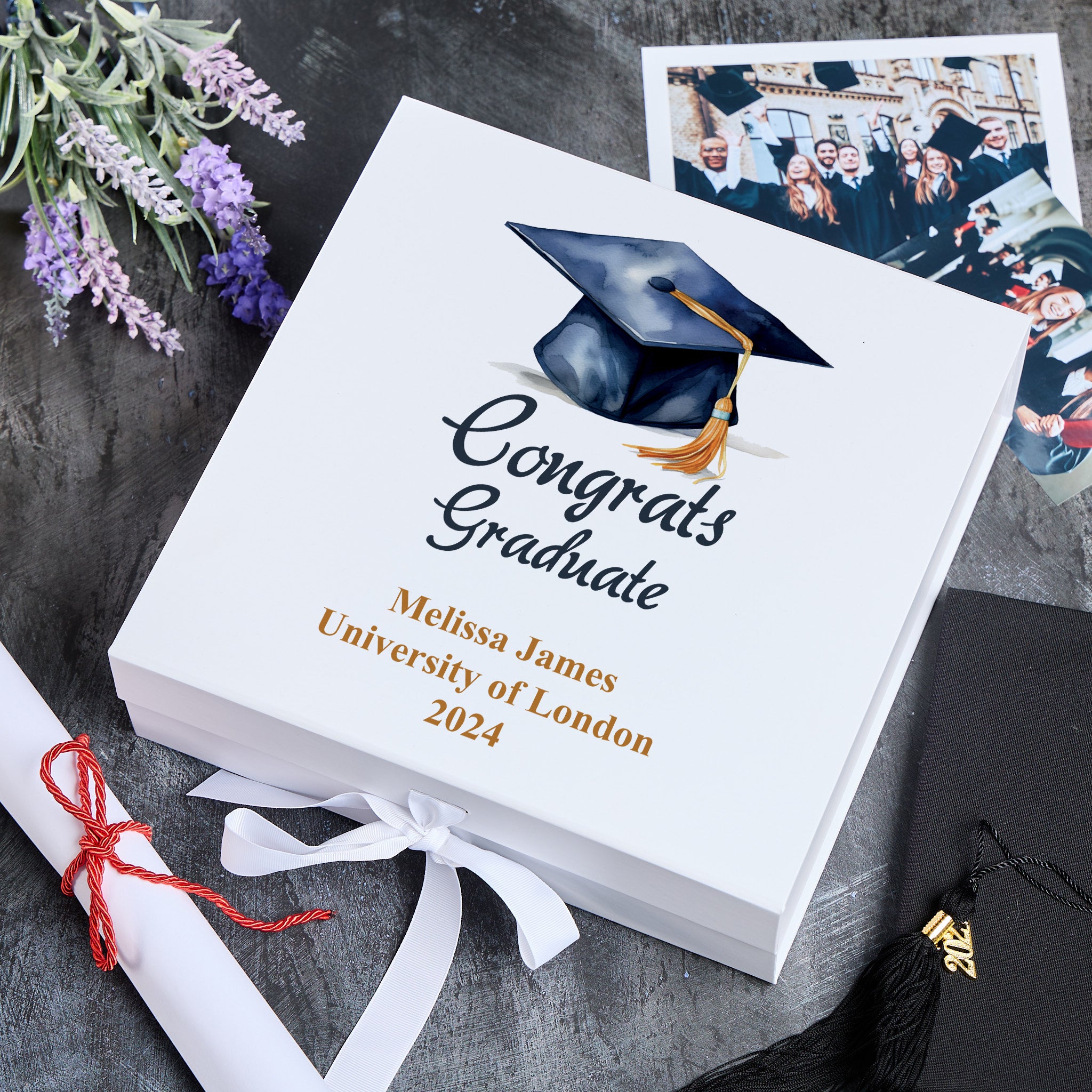 Personalised Graduation Gift Keepsake Memory Boxes Ribbon Closure Large Watercolour Hat