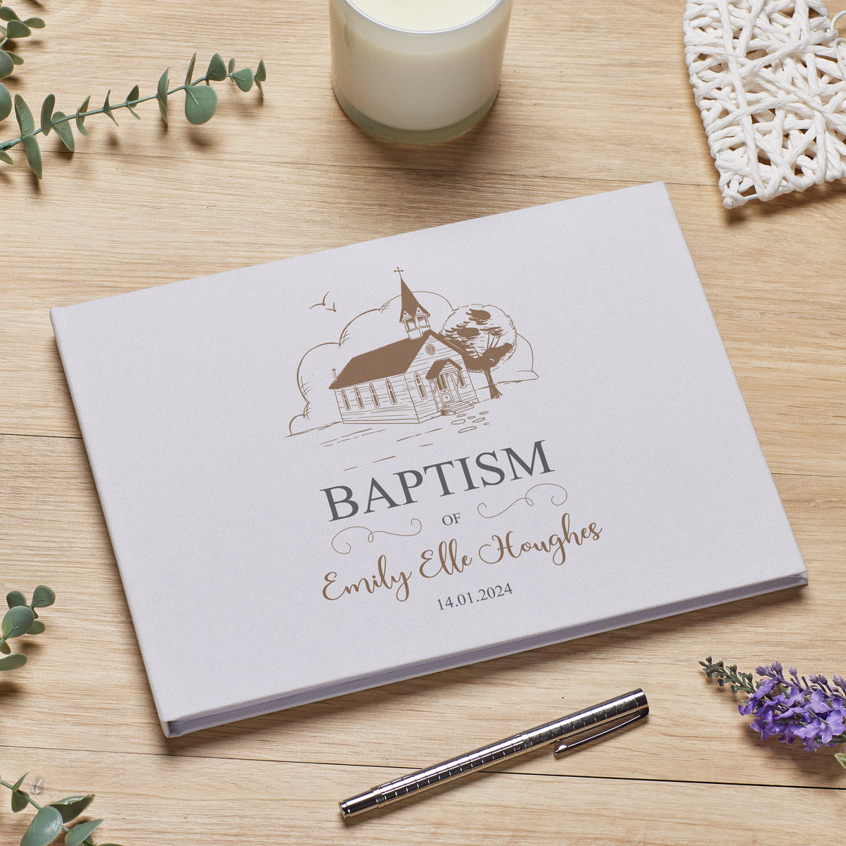Large Personalised Baptism Guest Book Linen Cover With Church Design