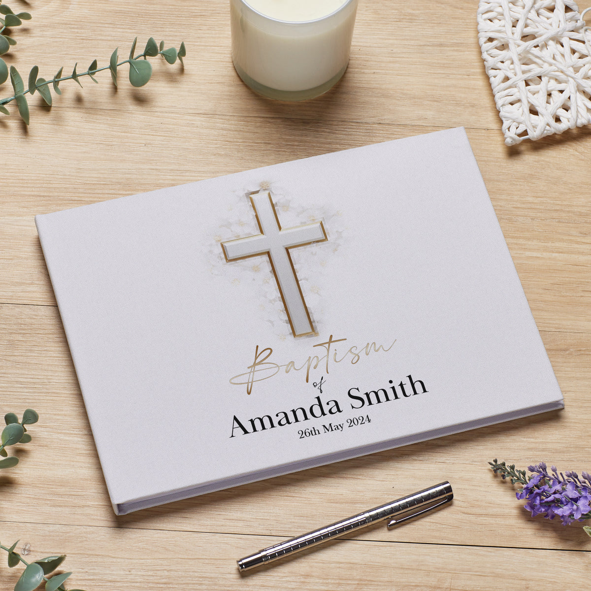 Large Personalised Baptism Guest Book Linen Cover With Silver Cross