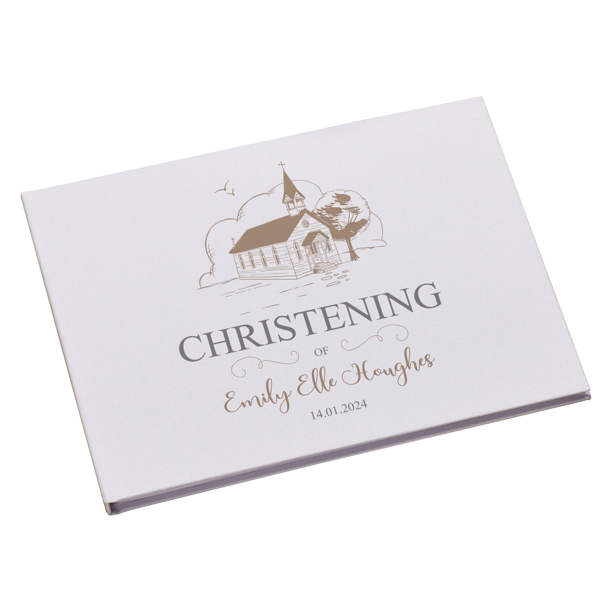 Large Personalised Christening Guest Book Linen Cover With Church Design