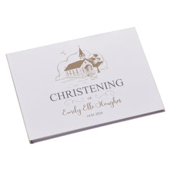 Large Personalised Christening Guest Book Linen Cover With Church Design