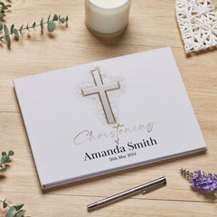Large Personalised Christening Guest Book Linen Cover With Silver Cross