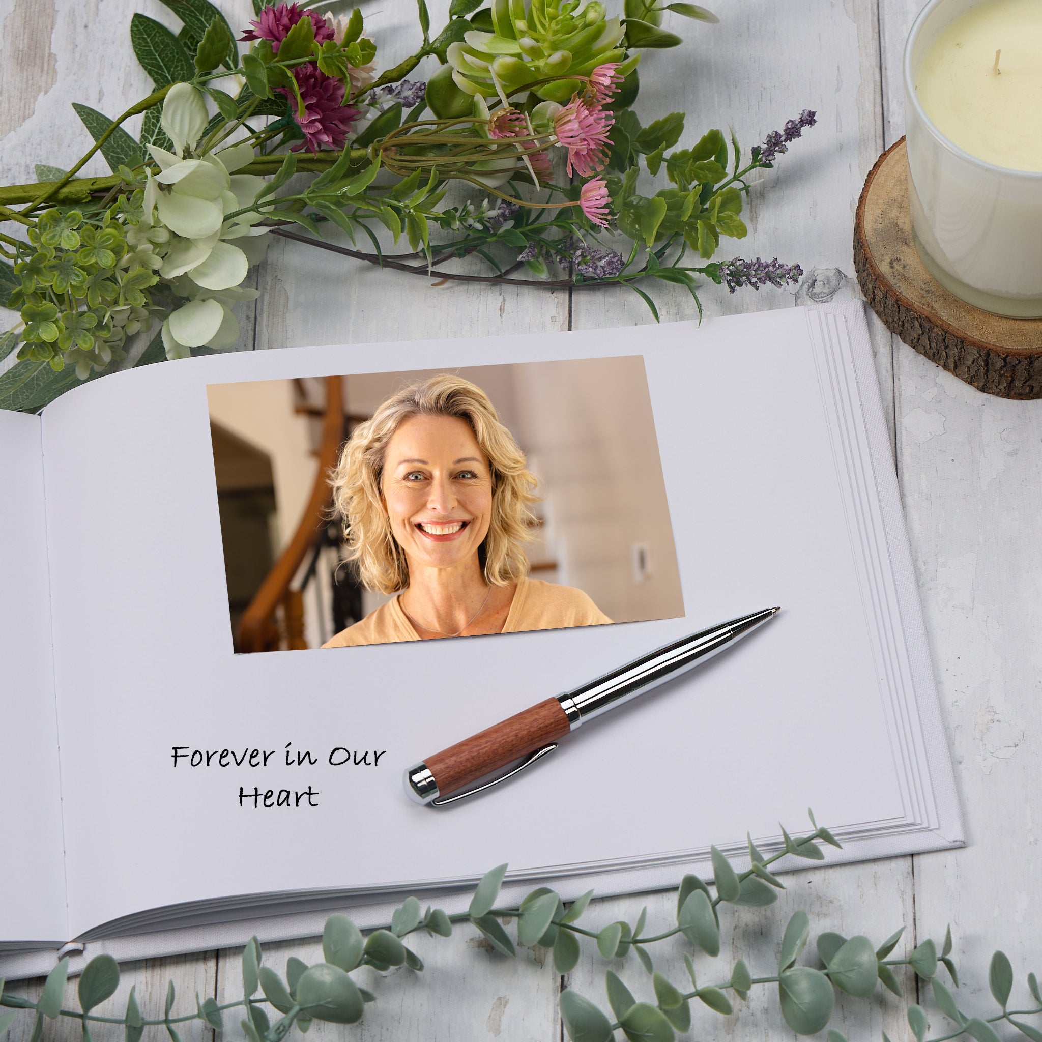 Large Personalised Funeral Condolence Memorial Book With Image In Green & Gold Frame