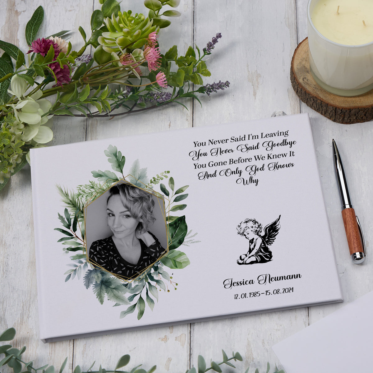 Large Personalised Funeral Condolence Memorial Book With Image In Green & Gold Frame