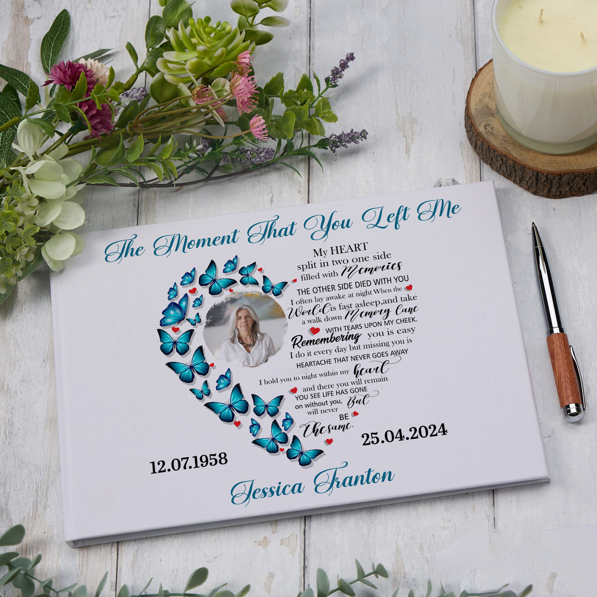 Large Personalised Linen Butterfly Heart Funeral Condolence Memorial Book With Image