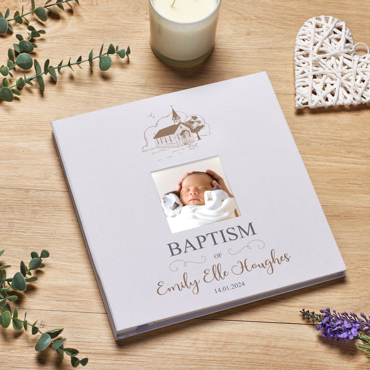 Personalised Baptism Photo Album Linen Cover With Sketch Church