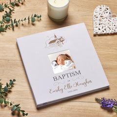 Personalised Baptism Photo Album Linen Cover With Sketch Church