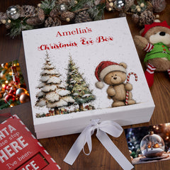 Personalised White Christmas Eve Gift Box With Teddy Bear Design Special Christmas Keepsake Memory Storage