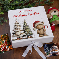 Personalised White Christmas Eve Gift Box With Teddy Bear Design Special Christmas Keepsake Memory Storage