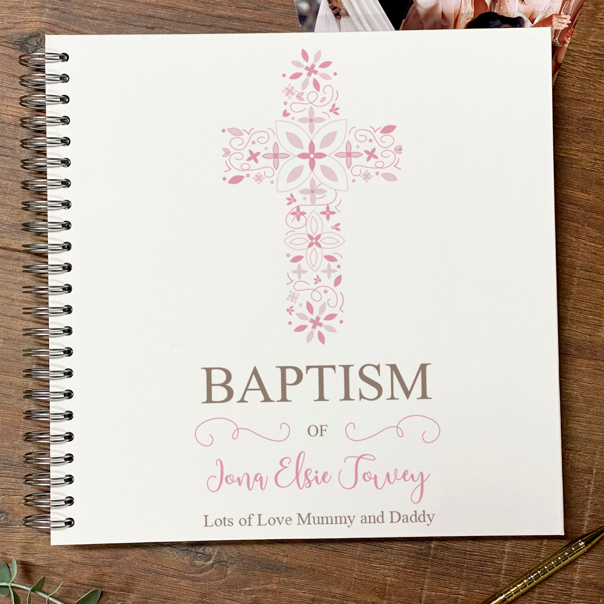 Large Elegant Baptism Memories Photo Album Scrapbook Guest Book Boxed Pink Cross
