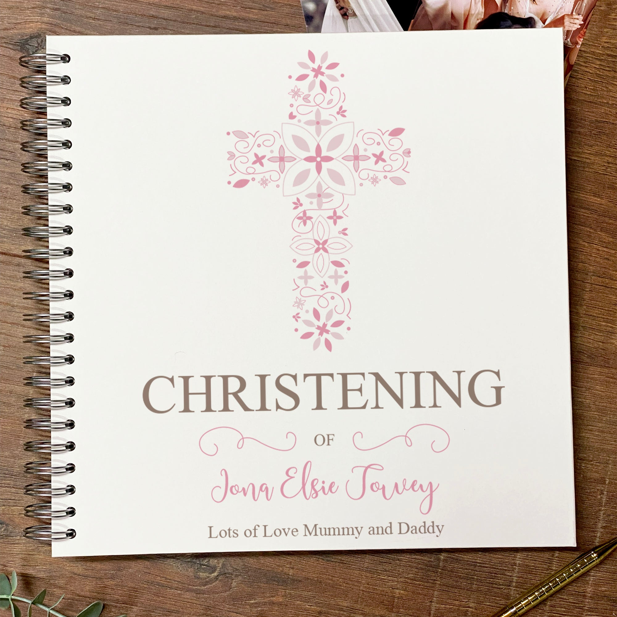 Large Elegant Christening Memories Photo Album Scrapbook Guest Book Boxed Pink Cross