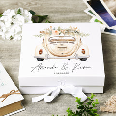Personalised Wedding Box With Floral Car Design and Ribbon Closure